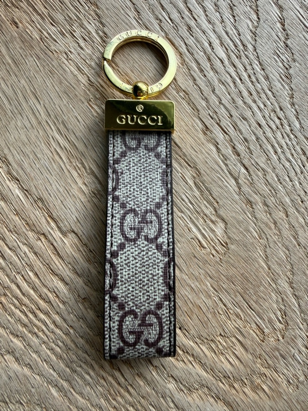 Gucci Brown/Beige Monogram Canvas Key Ring with Gold Hardware